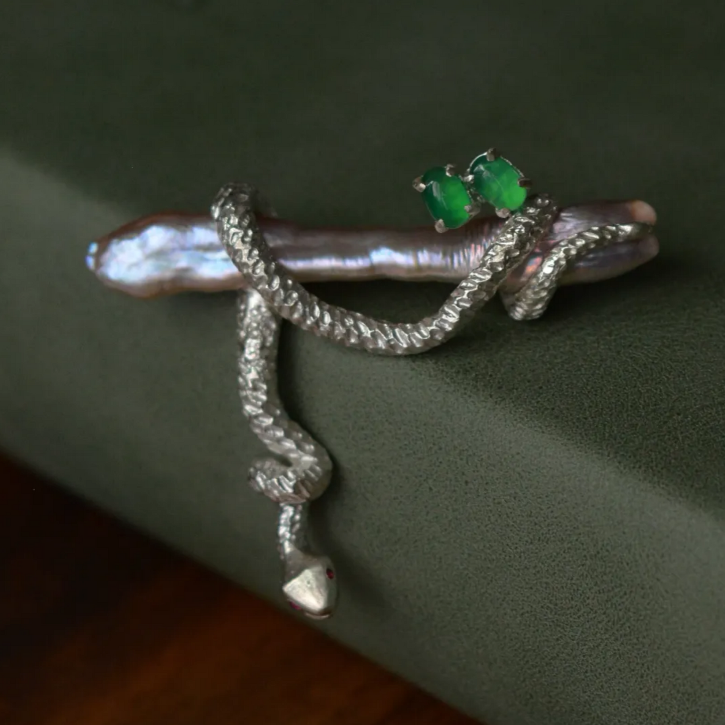 925 Silver Serpent Brooch Pendant | Ruby Eyes & Green Gem | Baroque Pearl Totem Jewelry | Healing Gift for Healers & Thinkers