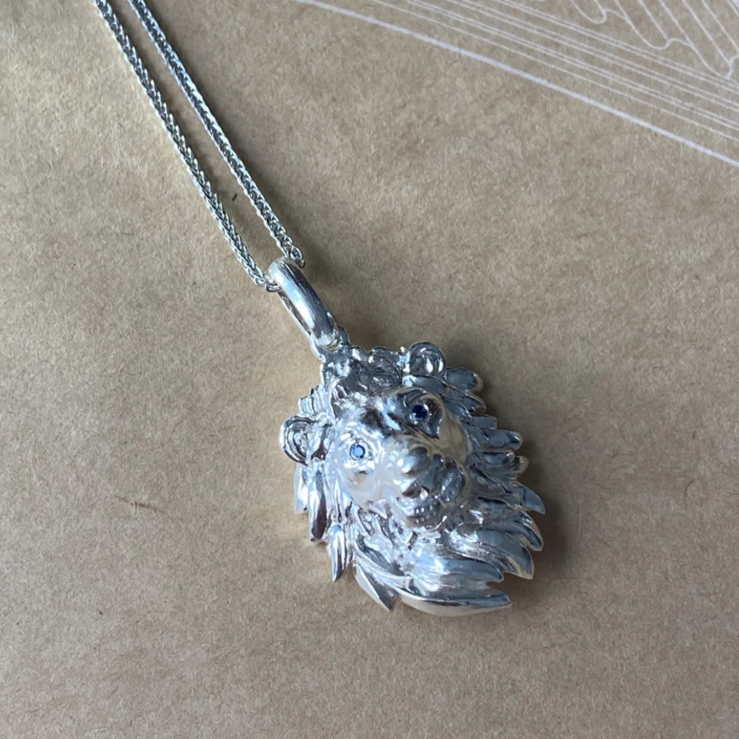 Lion King Pendant Necklace | 925 Silver & Sapphire | Handmade Courage Amulet Gift for Him