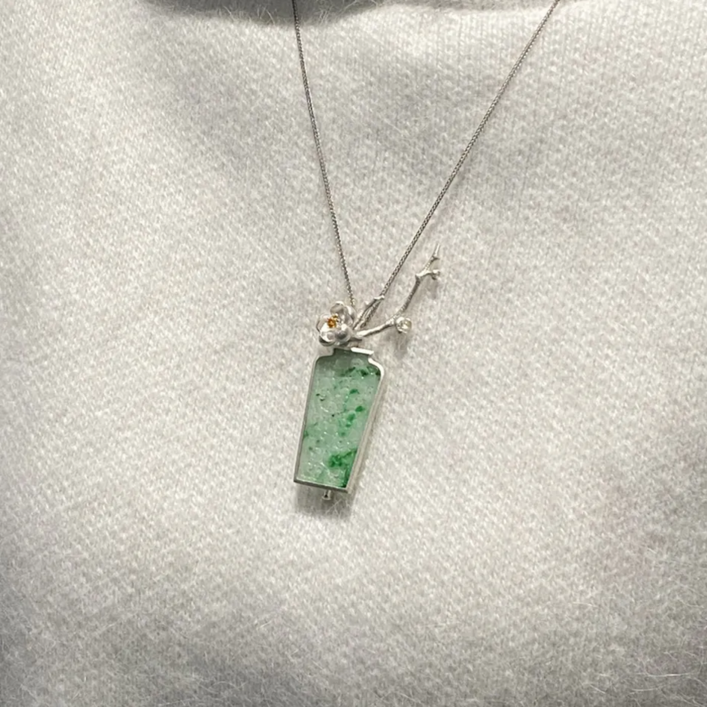 925 Silver Jade Vase Brooch|Natural Jade Inlay|Floral Silver Design with Yellow Gem|Elegant Oriental Jewelry Gift