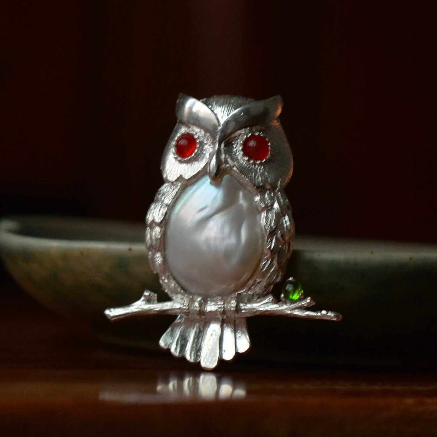 Handmade 925 Silver Owl Brooch Pendant | Pearl, Carnelian & Diopside Jewelry | Gift for Teacher or Mom