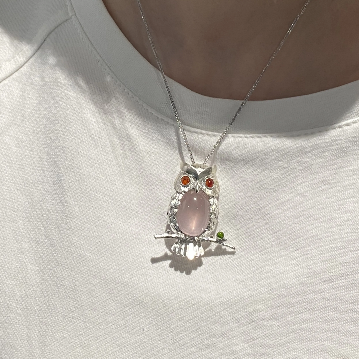 Owl Brooch Pendant in 925 Silver with Rose Quartz & Garnet Eyes | Handmade Wisdom Amulet Jewelry | Gift for Her