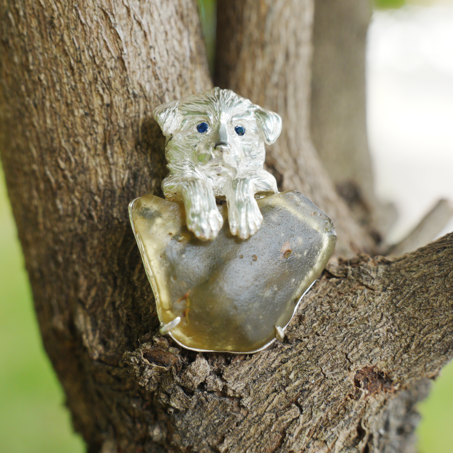 925 Silver Dog Pendant Brooch | Libyan Desert Glass Totem Jewelry | Healing Gift for Pet Lovers