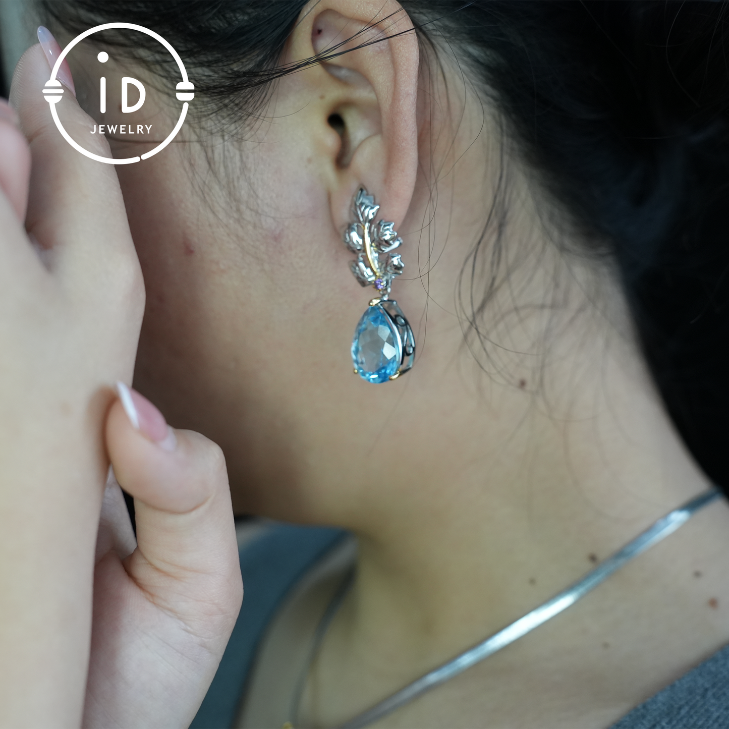 Handmade Blue Topaz Earrings | Nature-Inspired Leaf Earrings | Vintage Style | 18K Gold Plated| Elegant Jewelry| Gift for Her