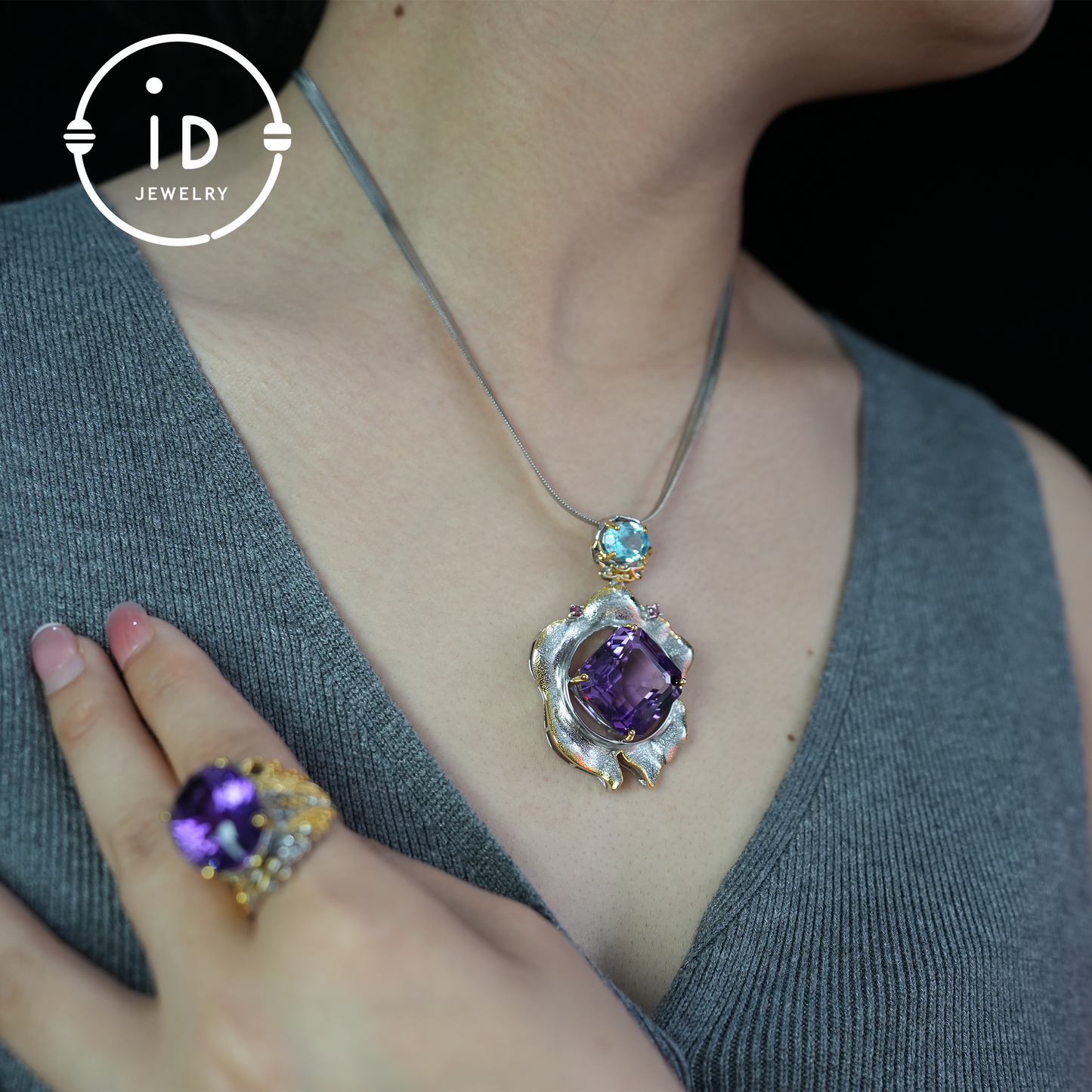 Handmade amethyst flower pendant, vintage style, large gemstone pendant, unique design