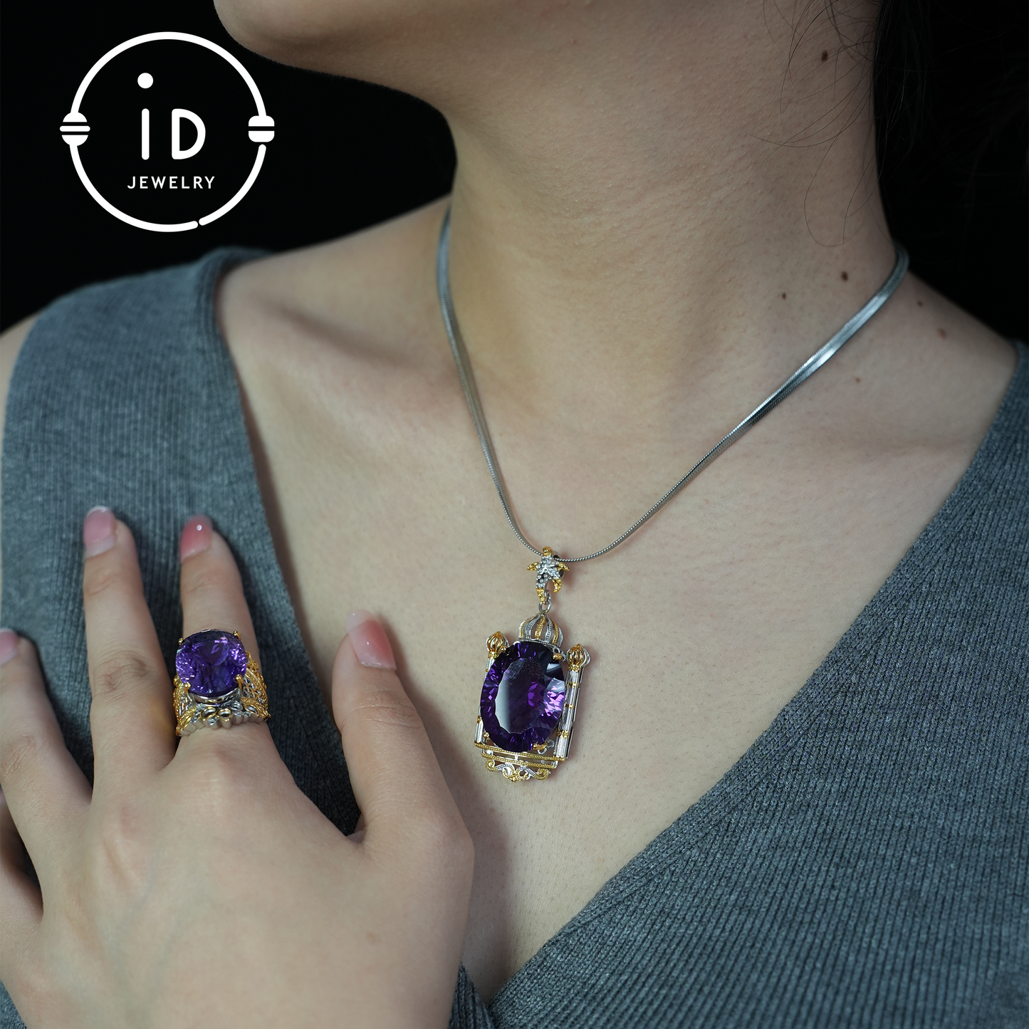 Luxurious Amethyst Pendant, Baroque Style, Handmade Jewelry, Gold-Plated Gemstone Pendant, Gift for Women