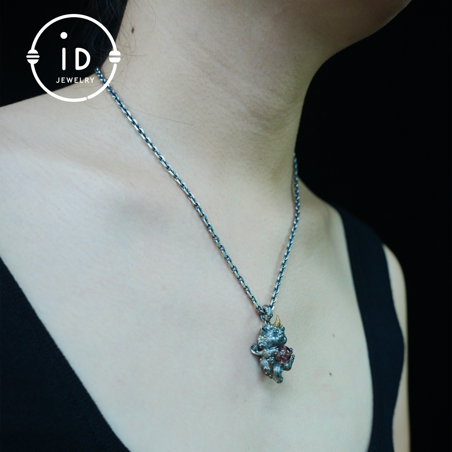 Mystical Chinese Pixiu Guardian Pendant – Sterling Silver Wish-Beast Amulet with Phantom Quartz – Spiritual Totem Jewelry