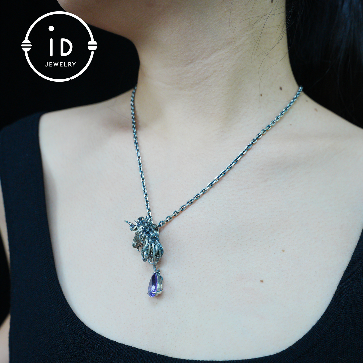 Unicorn Necklace with Amethyst Drop – 925 Sterling Silver Mystical Pendant – Fantasy Spirit Animal Jewelry for Women