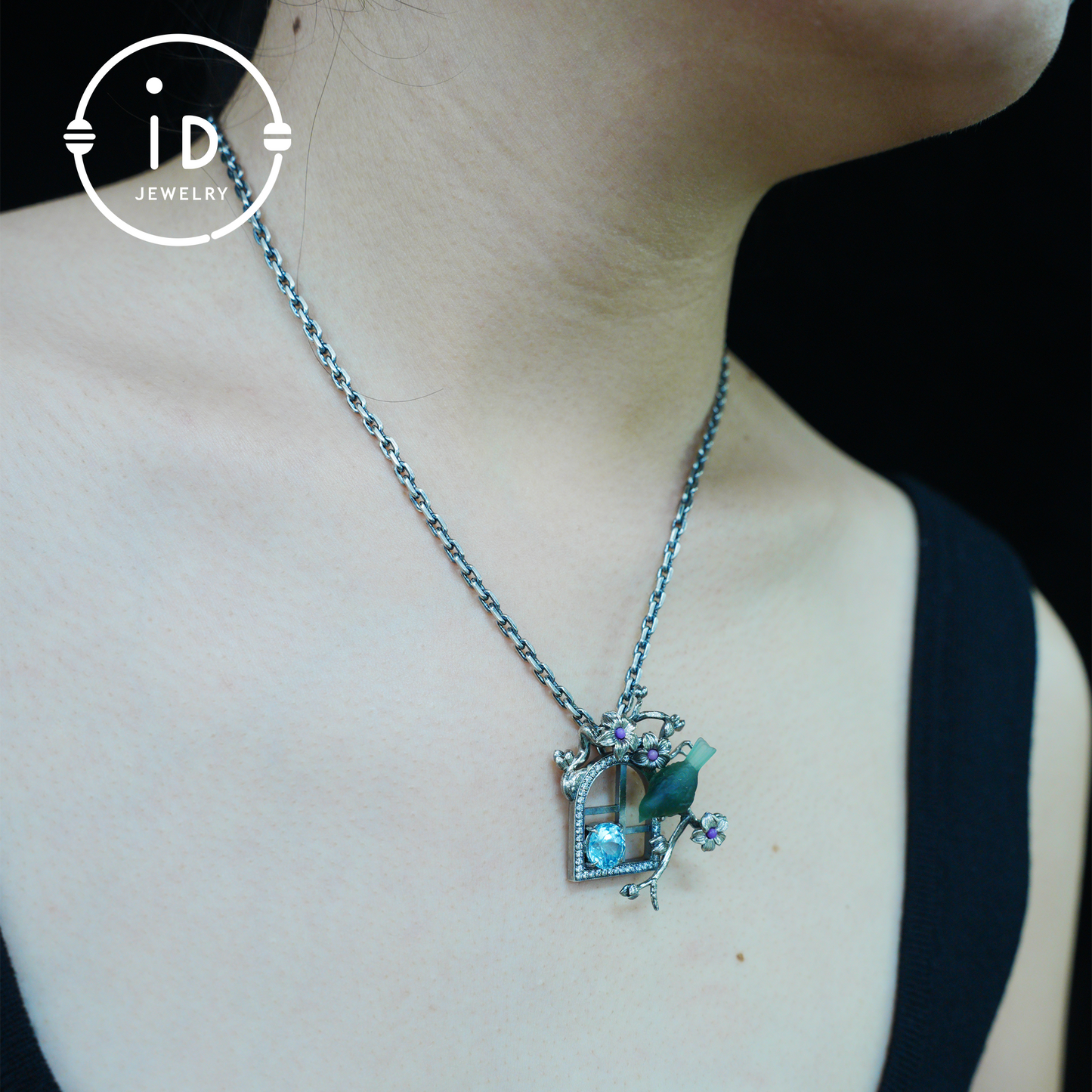 Green Bird Pendant Necklace at Window | Hand-Carved Silver Floral Bird Jewelry | Whimsical Springtime Gift for Nature Lovers and Dreamers