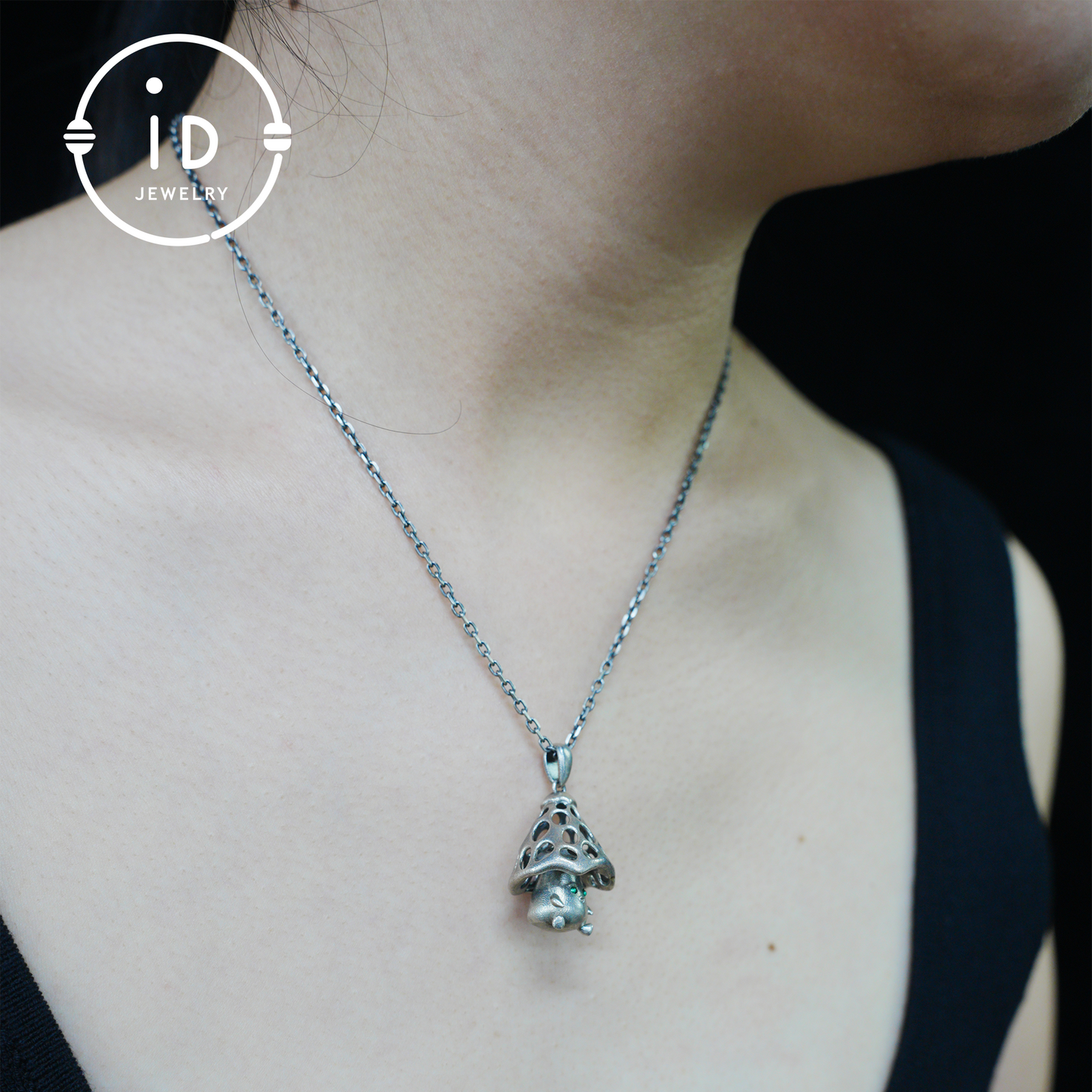 Sterling Silver Mushroom Spirit Pendant – Forest Guardian Necklace with Green Zircon Eyes – Fairycore Jewelry Gift for Sensitive Souls