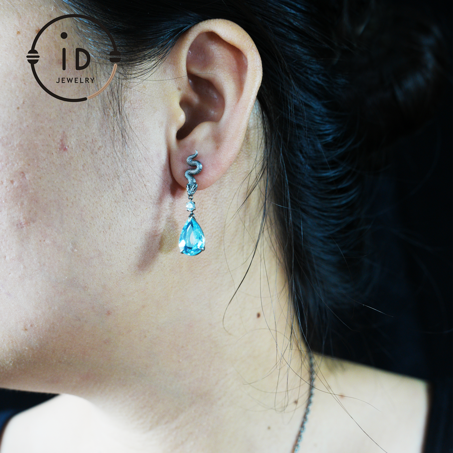 925 Sterling Silver Snake Drop Earrings with Aquamarine Crystal – Myth-Inspired Serpent Jewelry for Healing, Protection & Emotional Clarity