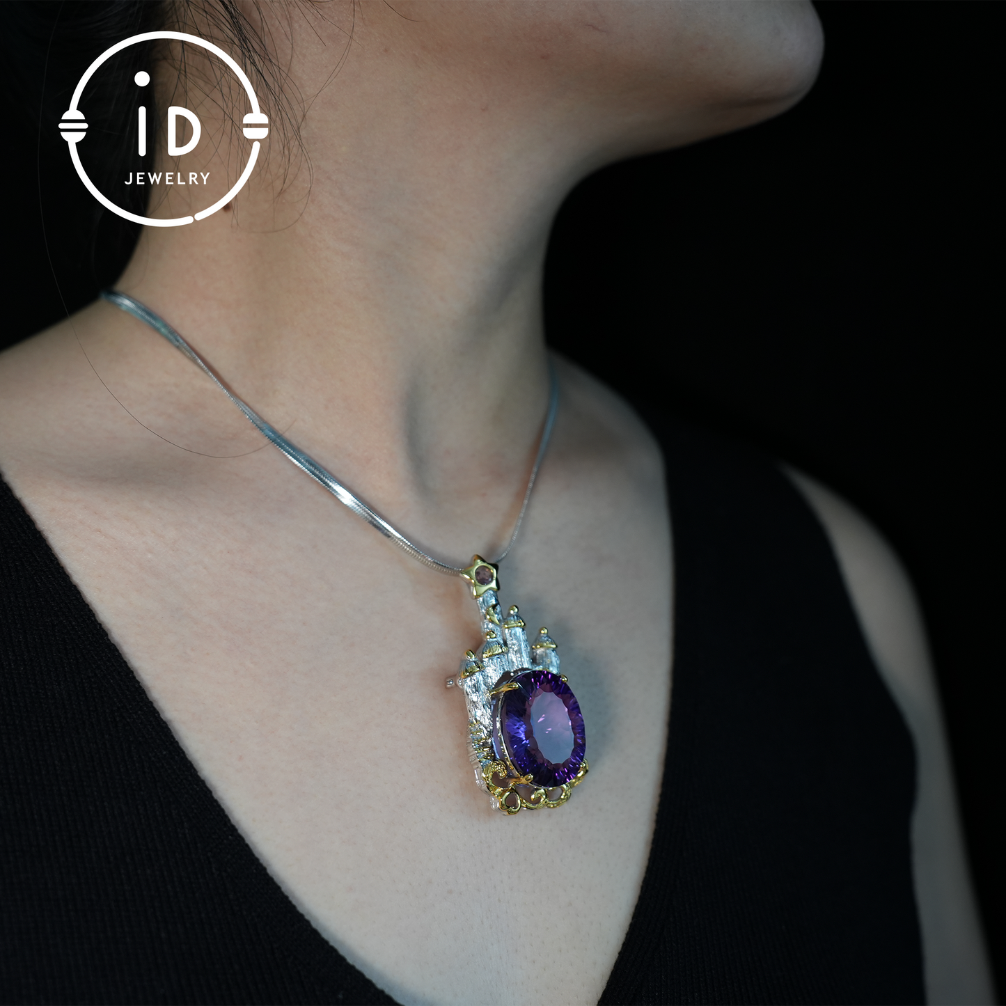 Fairy Tale Amethyst Brooch| Vintage Castle Pendant| Handmade Gemstone Jewelry| Gold-Plated Statement Brooch| Royal Jewelry Gift for Women