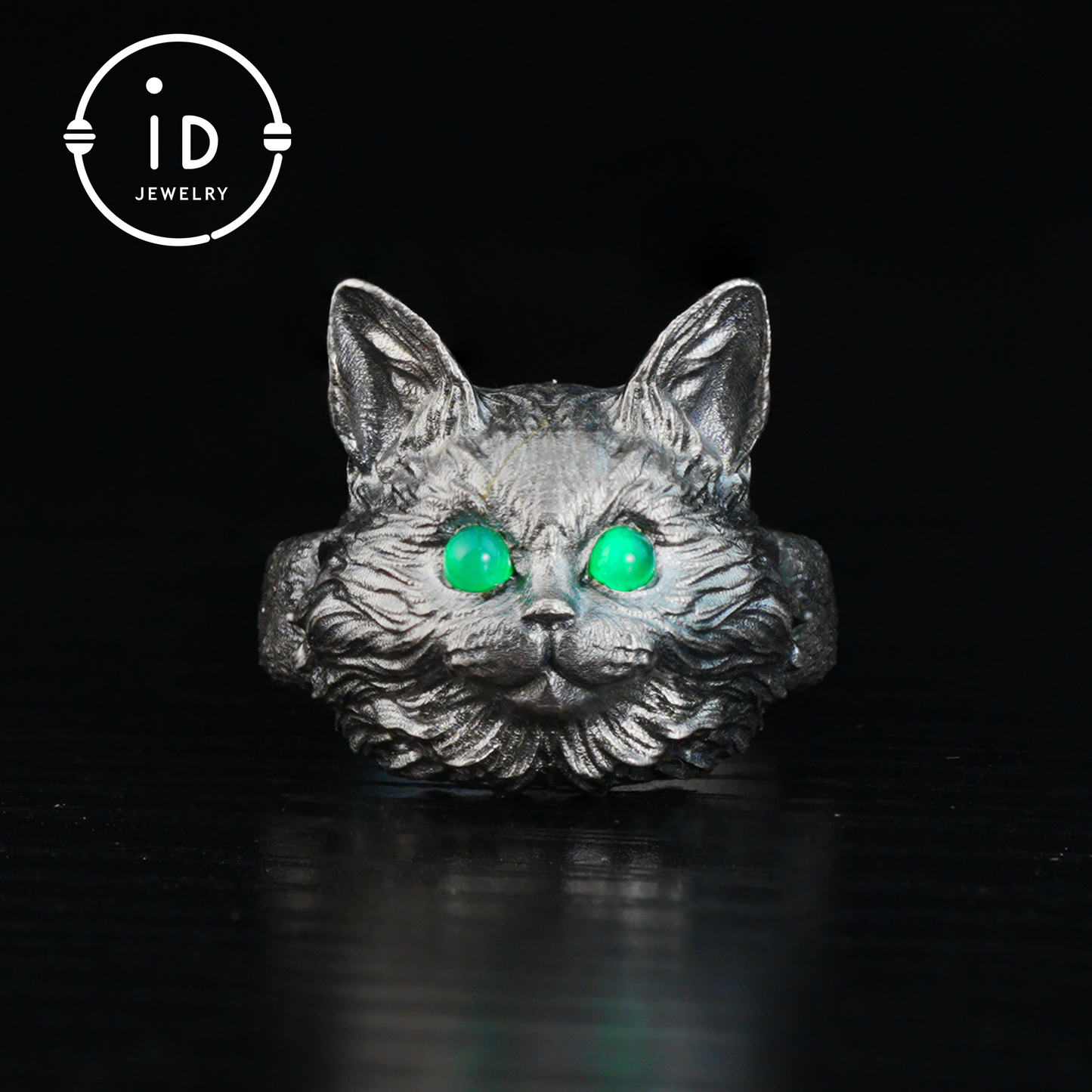 Cat Ring with Green Chalcedony – 925 Sterling Silver Jewelry in Gothic Style, Statement Ring for Women, Forest Animal Gift