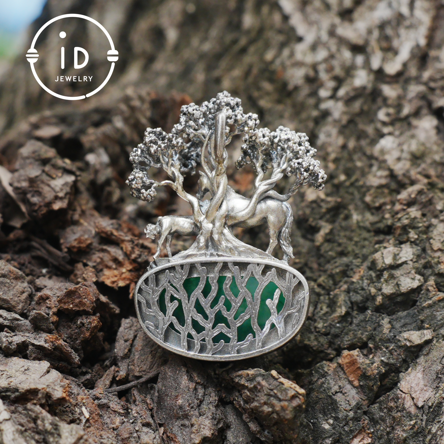 S925 Sterling Silver Pendant with Mare and Foal on African Green Stone, Fairy Talisman Necklace Vintage Gift for Her Birthday