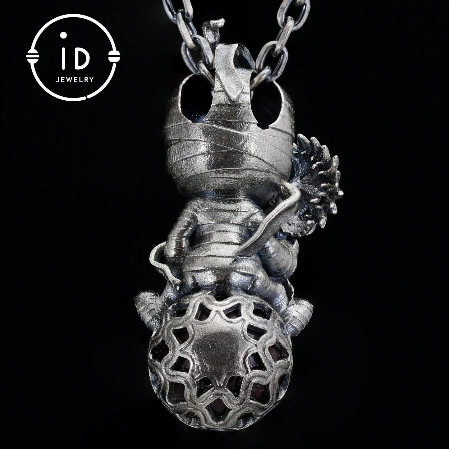 Gothic Mummy Pendant Necklace | 925 Sterling Silver with Phantom Quartz Sphere | Handmade Halloween Protection Talisman Gift for Her