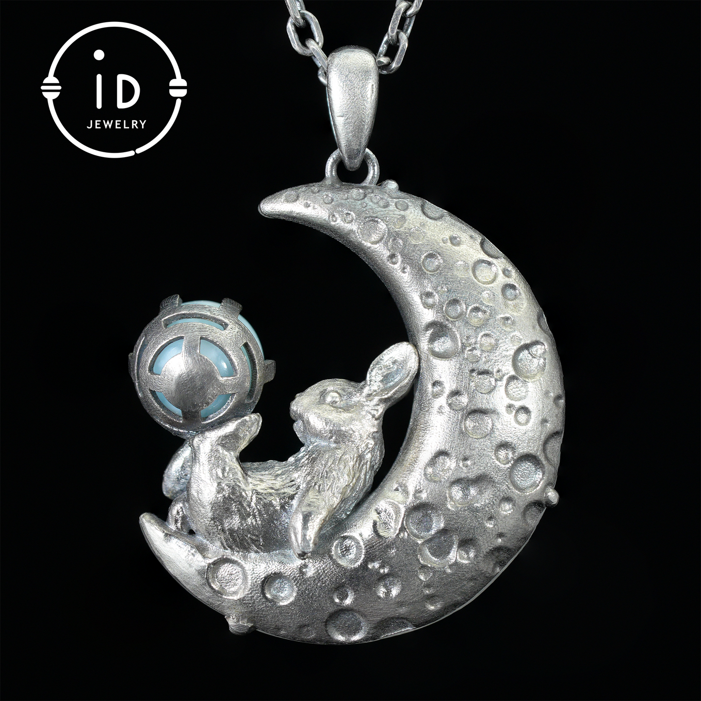 Rabbit Amulet Pendant with Larimar and White Crystal Moon, Handmade Fantasy Jewelry, Celestial Totem, Dreamy Protection Gift