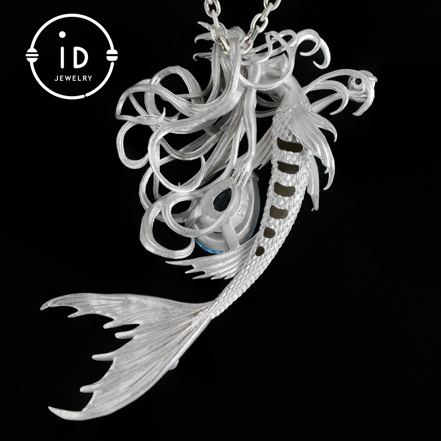 Handmade Mermaid Pendant Necklace | 925 Sterling Silver with Blue Topaz, Zircon & Freshwater Pearls | Fairytale Ocean Jewelry Gift for Her