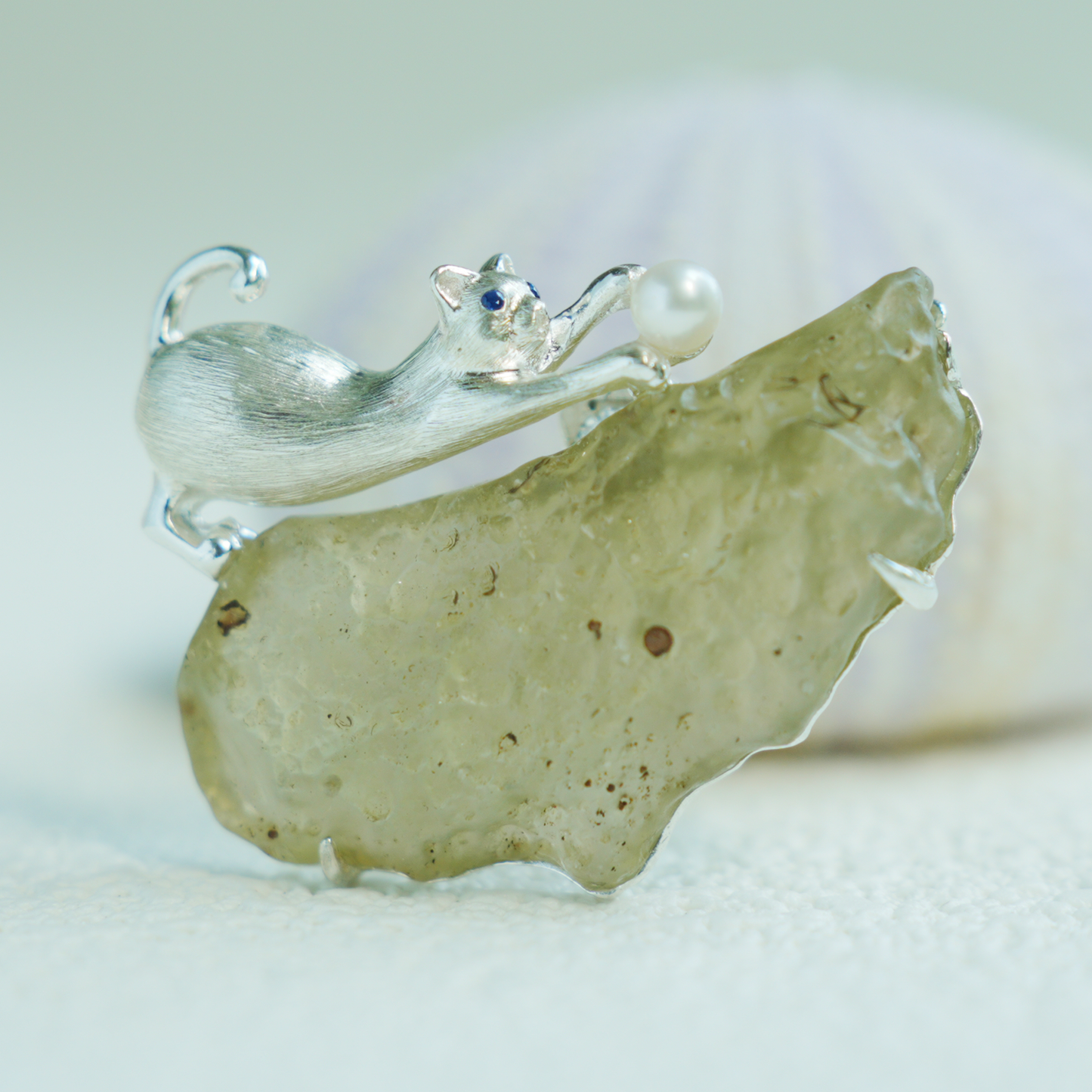 Libyan Desert Glass Cat Pendant Brooch | 925 Silver Fairy Jewelry Gift for Her