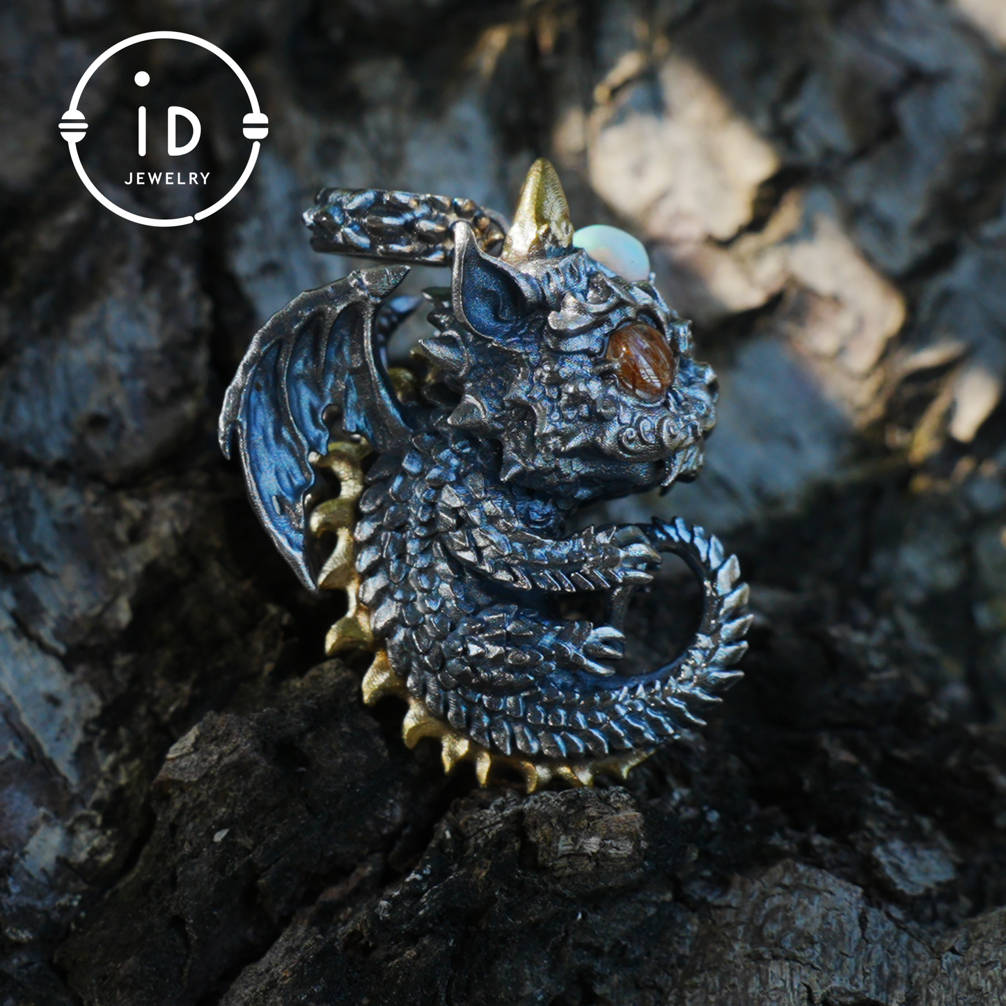 Sleeping Baby Dragon Pendant | Sterling Silver Mythical Creature Jewelry | Gold Rutilated Quartz Eye | Fantasy Amulet Gift for Protection