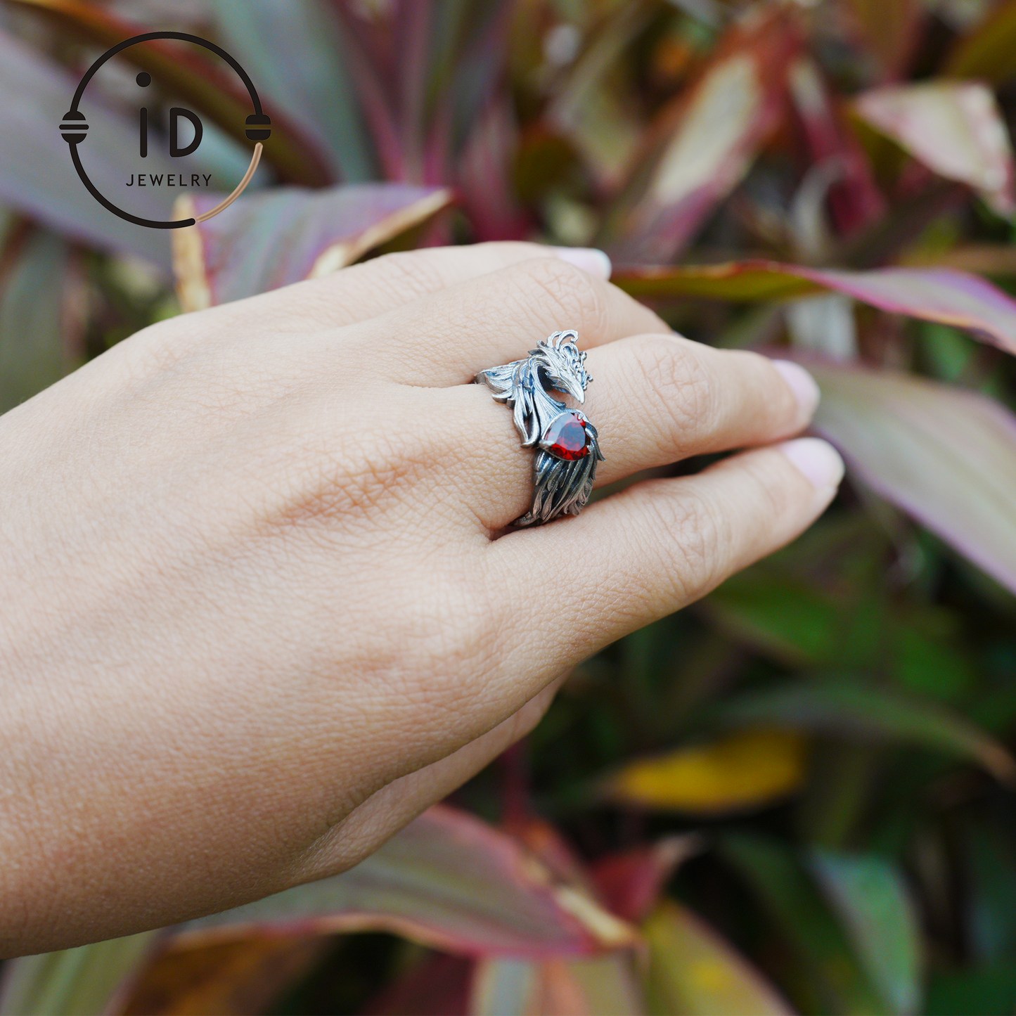 Garnet Ring 925 Silver Heart Ring Gothic Style Adjustable Oxidized Gift for Her Fantasy Jewelry Abstract Flame Design