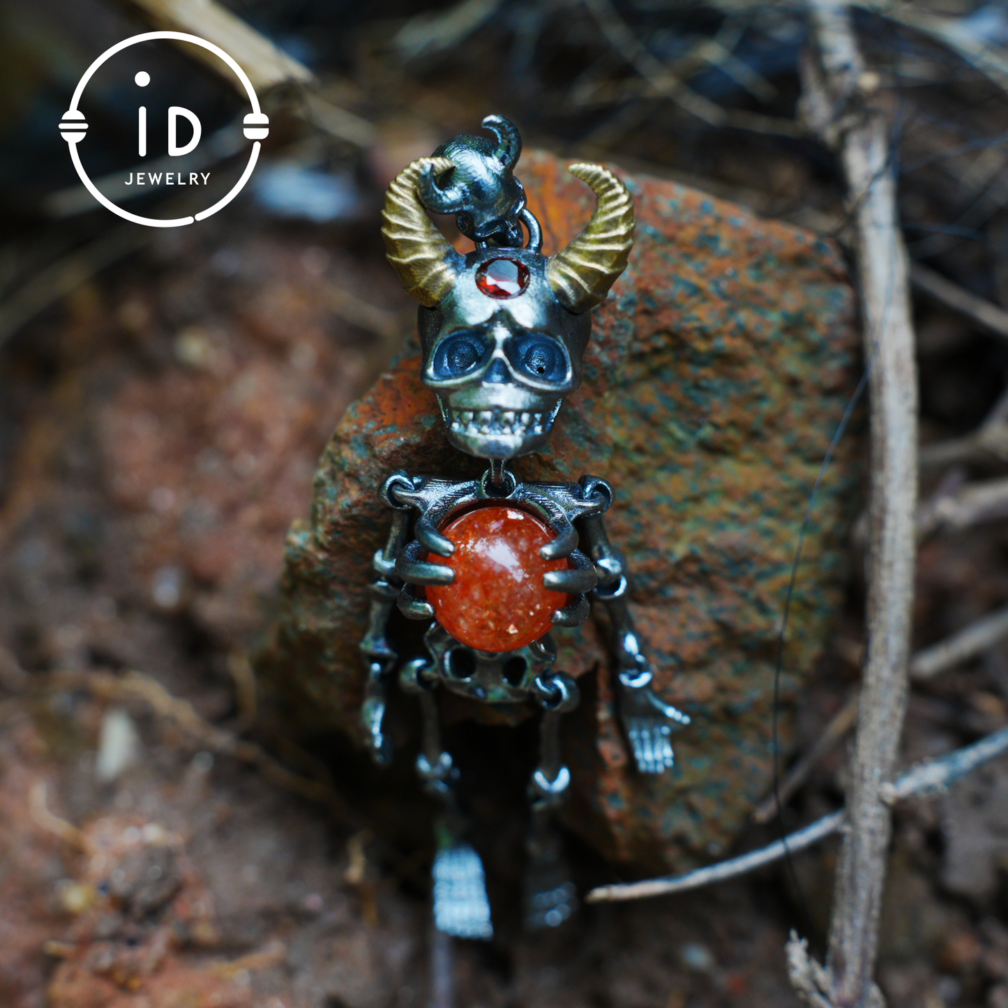 Silver Skeleton Pendant with Sunstone Sphere and Brass Horns, Gothic Totem Jewelry for Halloween or as a Mystical Gift