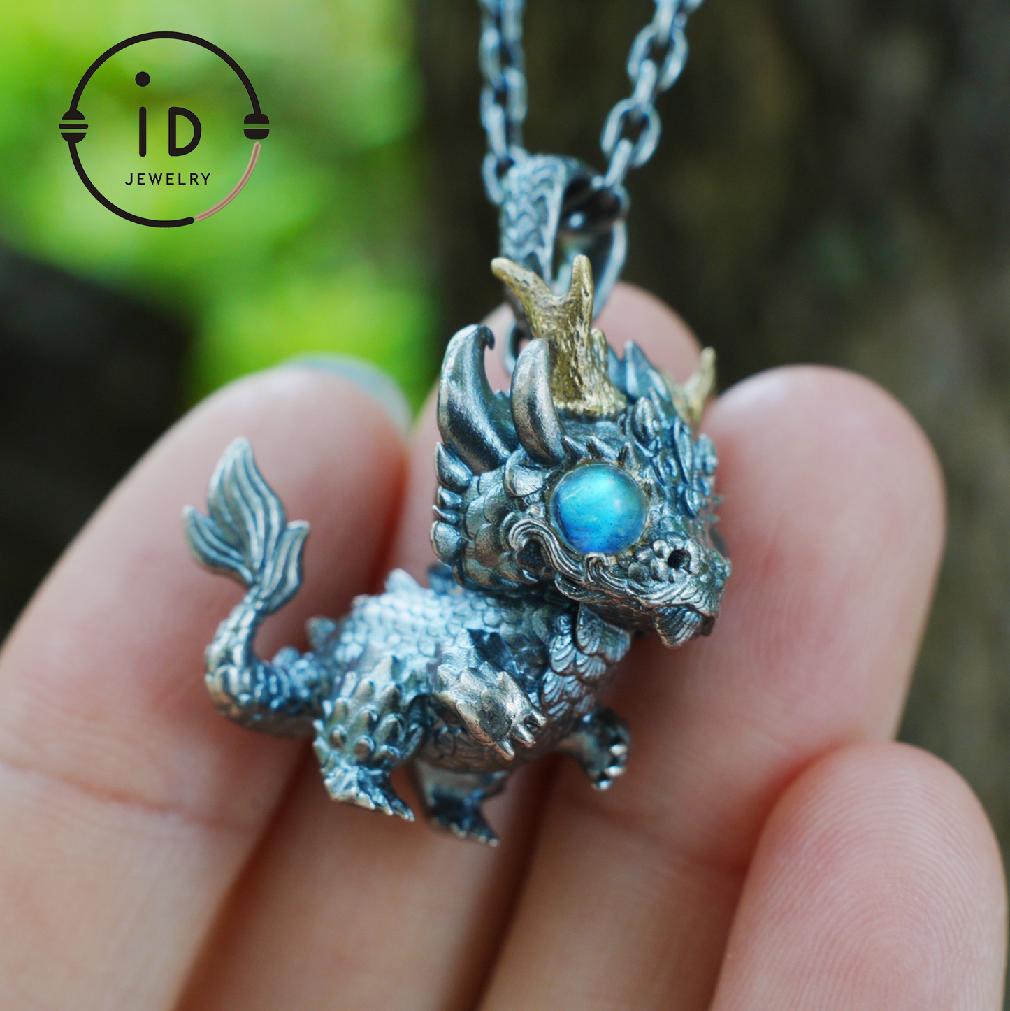 Handmade Fantasy Jewelry | Dragon Totem Necklace | Silver–Copper Bicolor Horn Crown | Labradorite Blue Eye | Handmade Gift