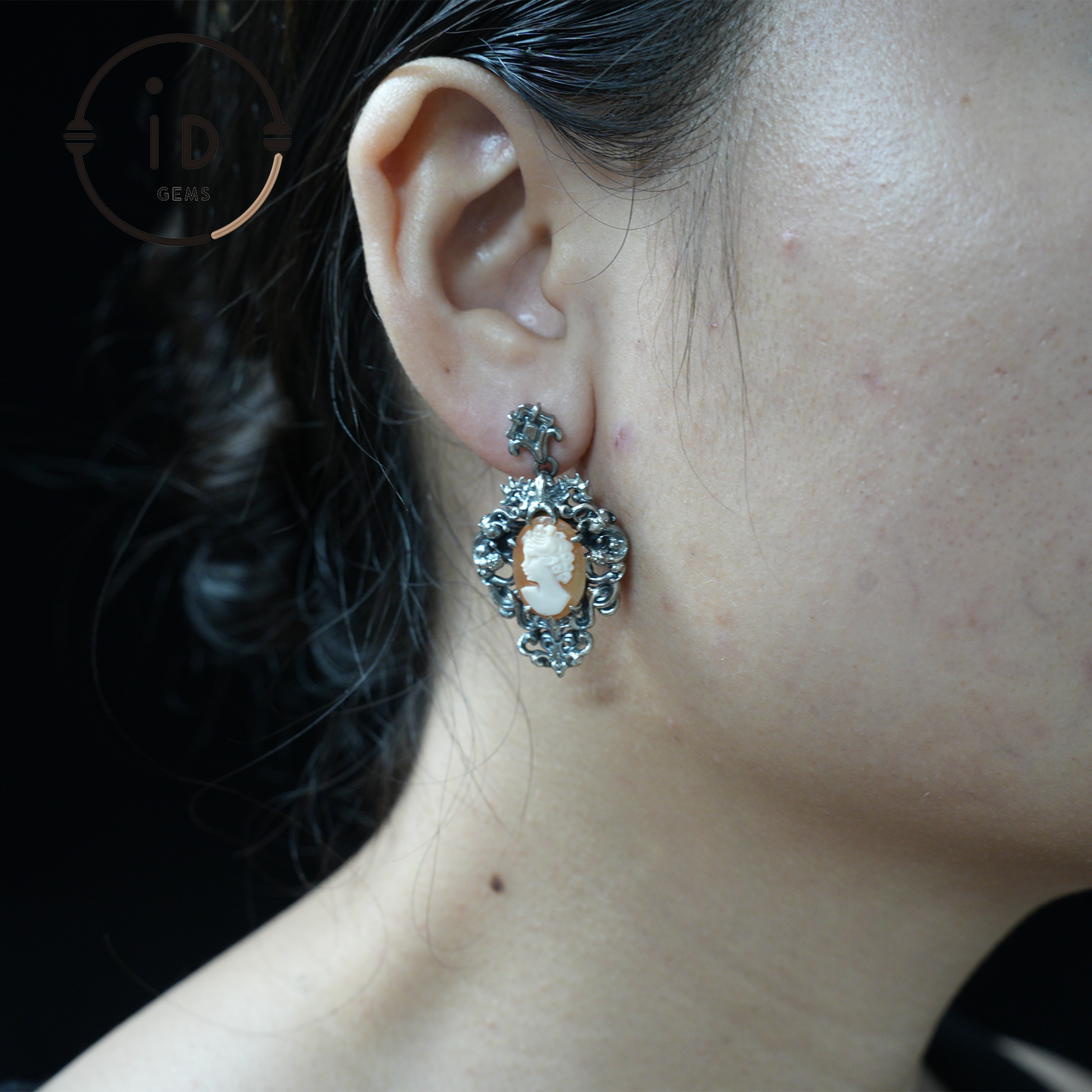 Vintage Cameo Earrings – Victorian Style Lady Profile Jewelry, Baroque Frame Design, Handmade Romantic Gothic Gift Earrings