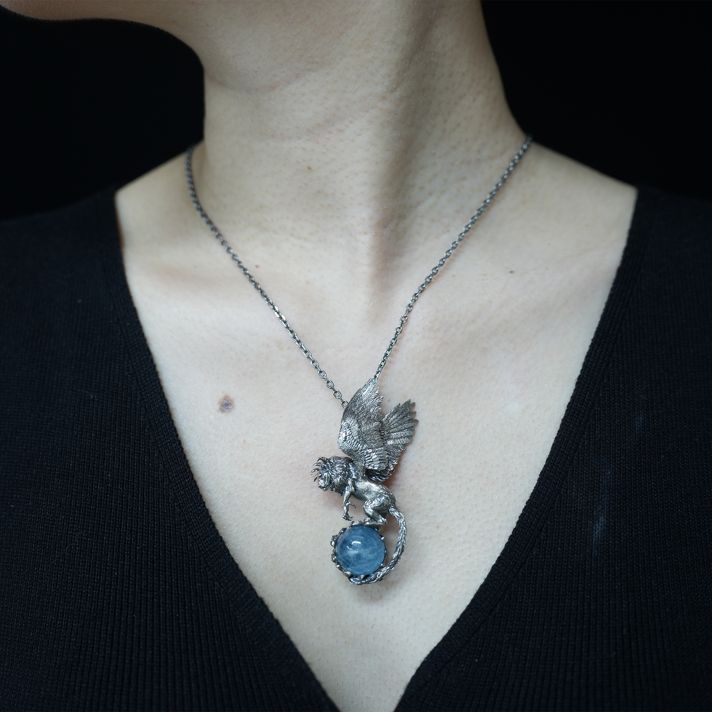 Winged Lion Pendant - Handcrafted 925 Sterling Silver Jewelry with Aquamarine - Symbol of Wisdom & Spiritual Protection - Gift for Her