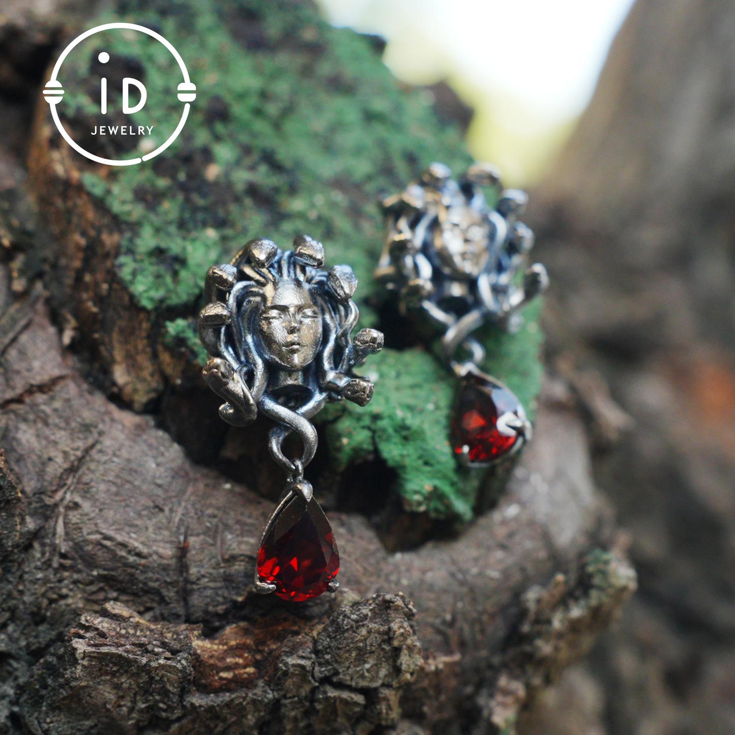 Medusa Earrings with Garnet Drop in Oxidized 925 Sterling Silver, Gothic Vintage Jewelry for Women, Christmas Gift Idea
