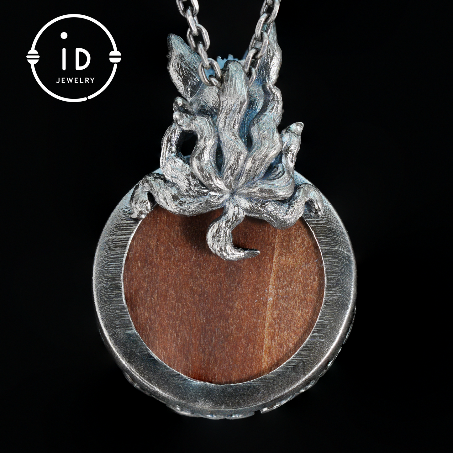 Fox Pendant in Sterling Silver and Carved Agarwood in Totem Witchcore Style – Spiritual Necklace, Birthday Gift for Her, Handmade Amulet