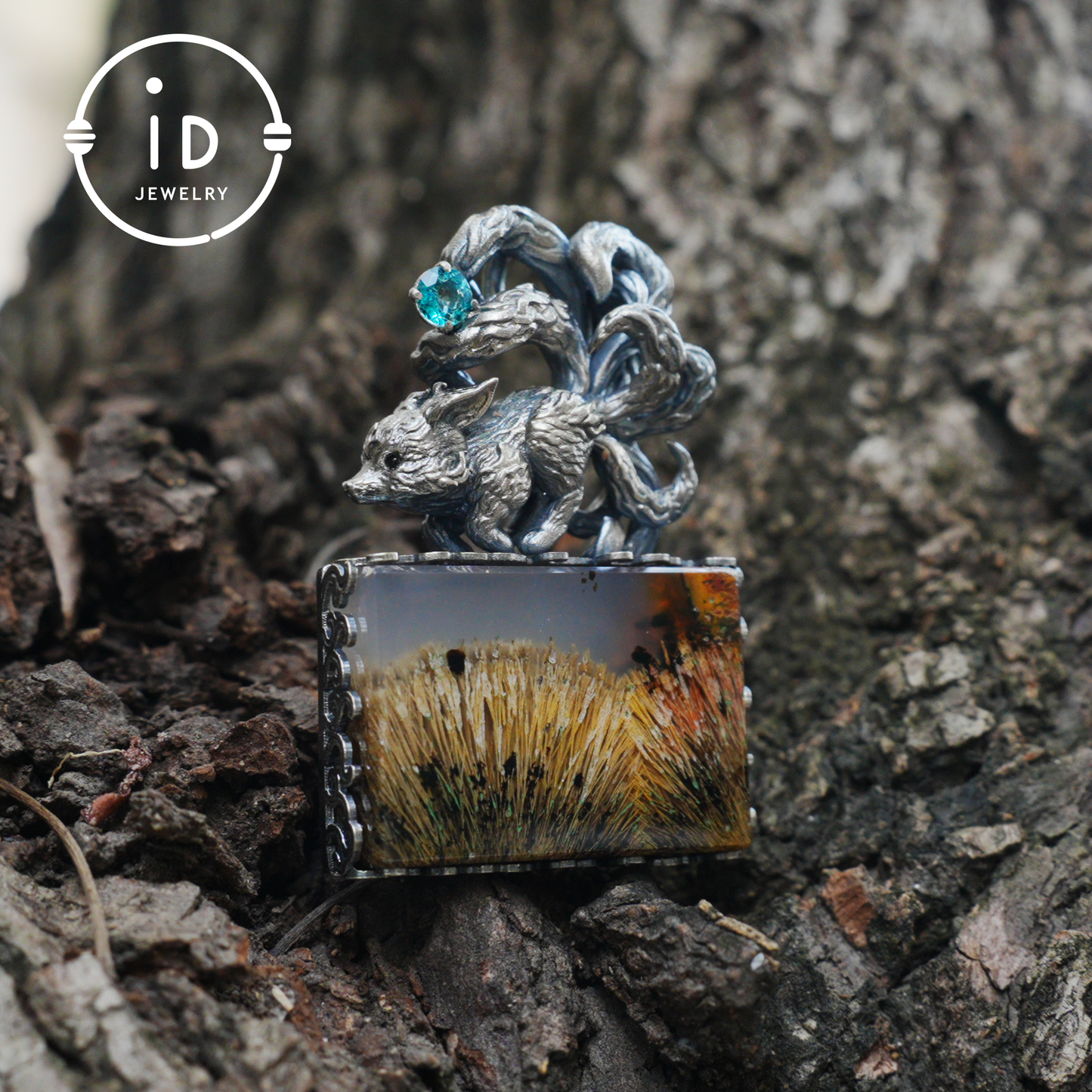 925 Silver Pendant with One-of-a-Kind Moss Agate, Oxidized Totem Animal Necklace, Nature Talisman Jewelry, Unique Gift for Her