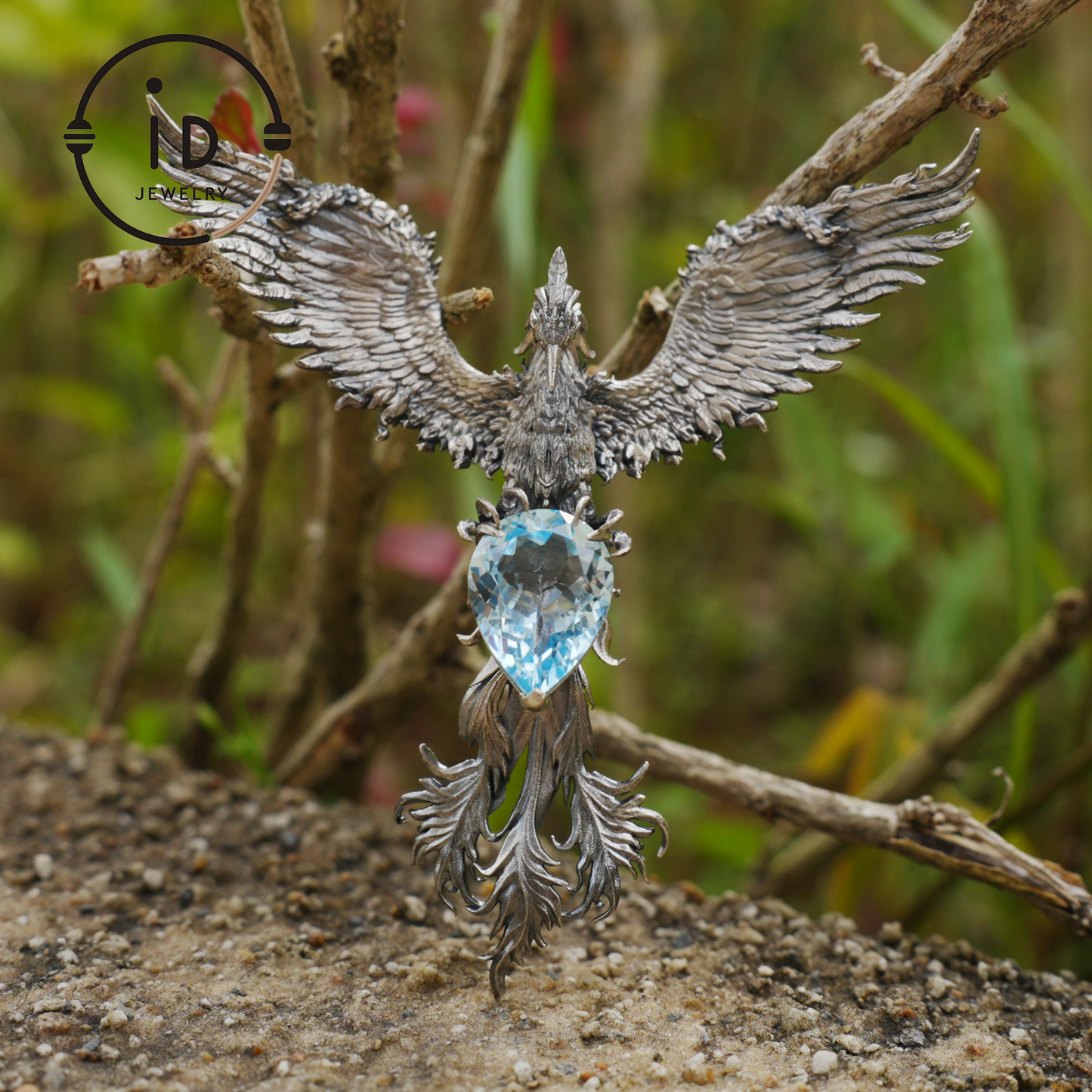 Handmade Phoenix Necklace with Aquamarine | Mystical Symbol | Vintage Fantasy Jewelry