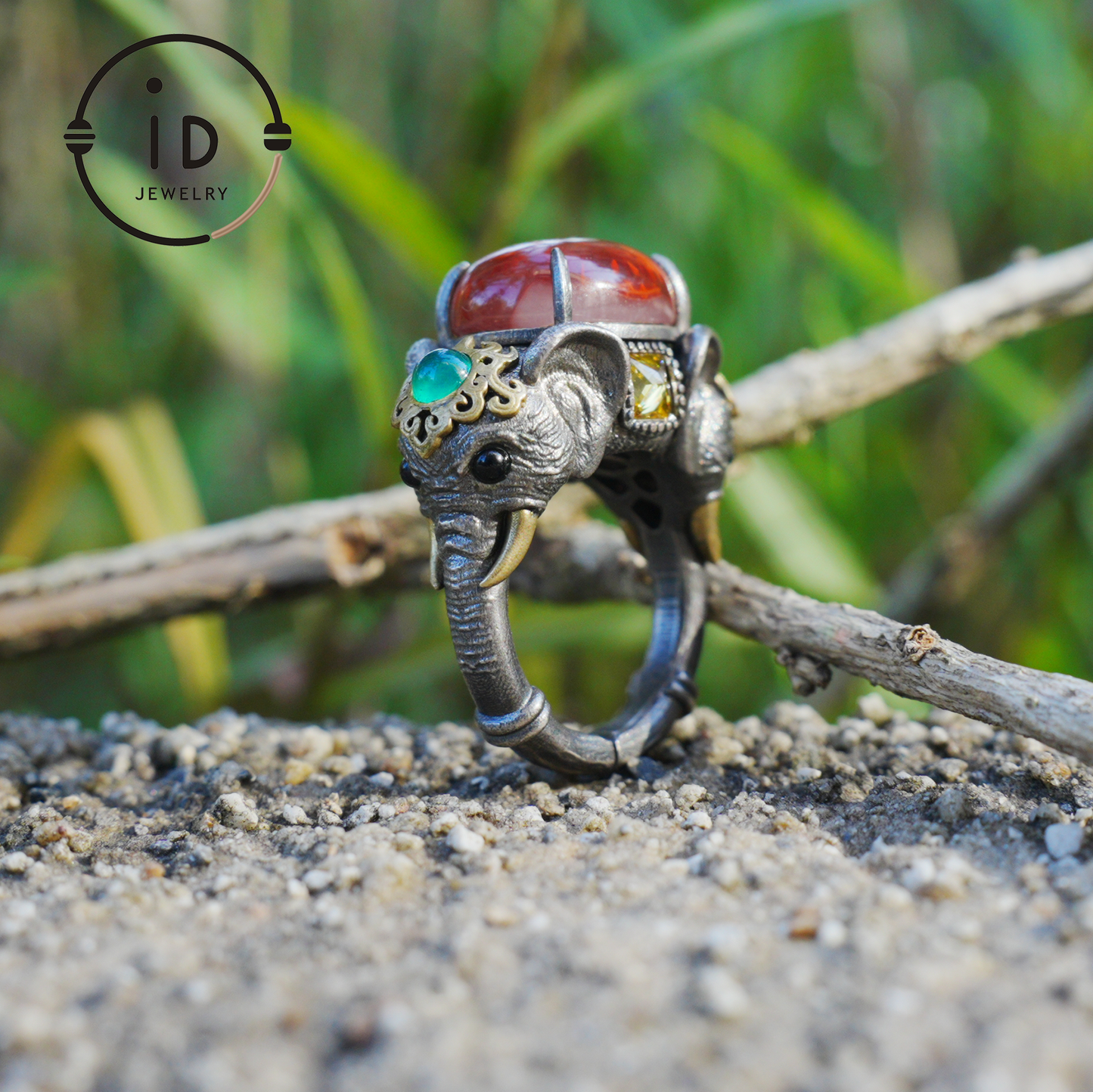 Adjustable Elephant Ring in 925 Sterling Silver with Red Agate and Green Stones, Totem Style Animal Symbol Jewelry, Spiritual Gift for Her