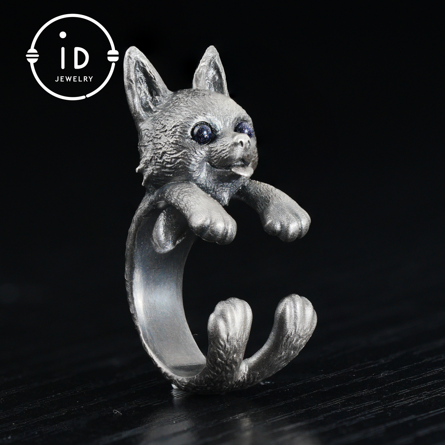 Adjustable dog ring in 925 silver with onyx, oxidized gothic style, animal totem jewelry gift for her or dog lovers