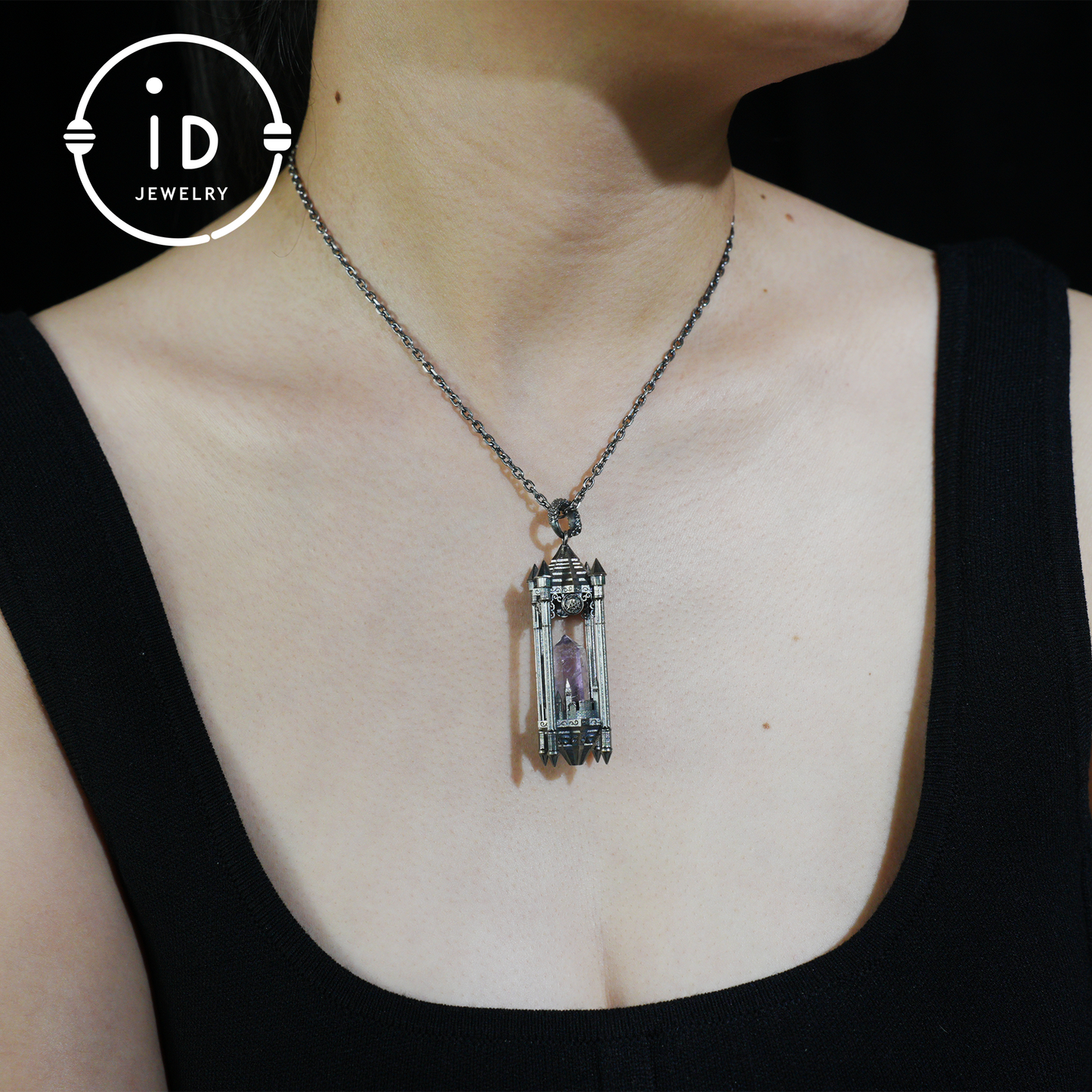 Architectural Amethyst Pendant|Natural Crystal Wrapped in Silver Columns|Focus Symbol for the Soul|Mystical Gothic Gift for Her