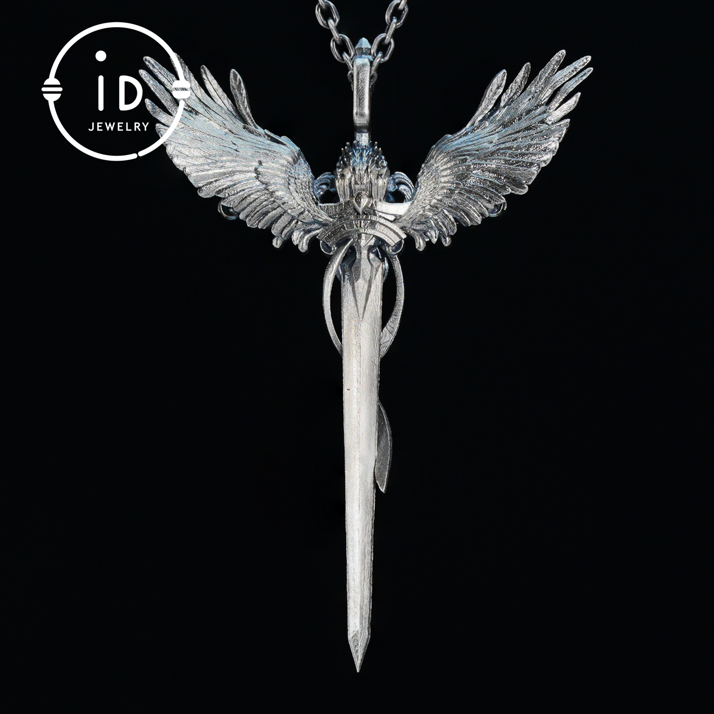 Gothic pendant with winged sword and heart-shaped garnet in oxidized 925 sterling silver, fantasy gift idea for her or cosplay events