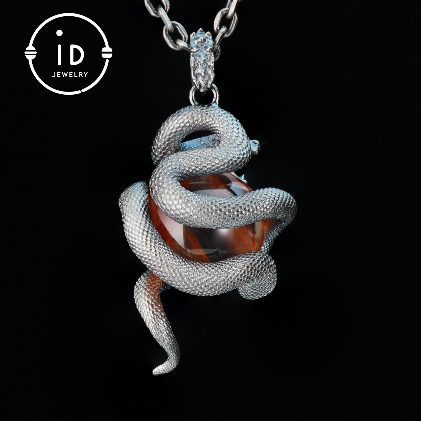 Snake Pendant in 925 Sterling Silver with Lodolith Quartz, Oxidized Gothic Style Amulet Necklace Gift for Him Birthday or Christmas