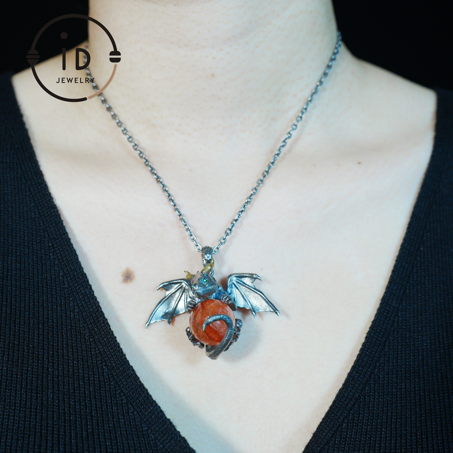 Handcrafted Dragon Pendant with Orange Crystal in 925 Silver, Gothic Fantasy Style, Talisman Gift for Men & Women