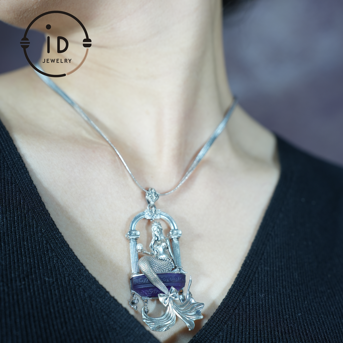 Amethyst Mermaid Pendant, Hand Carved Ocean Goddess Necklace, Mythical Sea Jewelry Gift, Fantasy Underwater Charm for Her, Unique Art