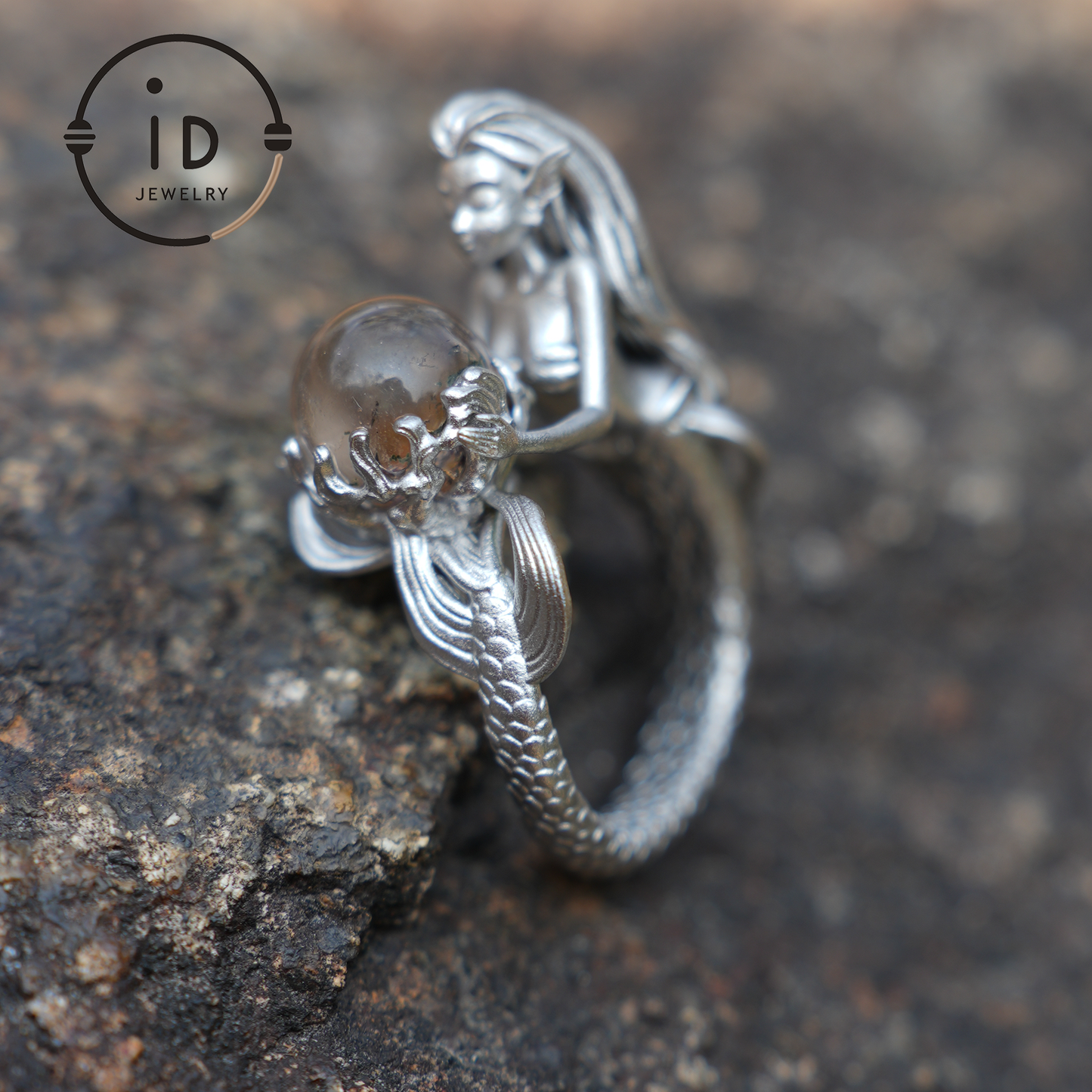 925 Sterling Silver Mermaid Ring with Phantom Crystal – Handmade Fantasy Jewelry for Fantasy Lovers