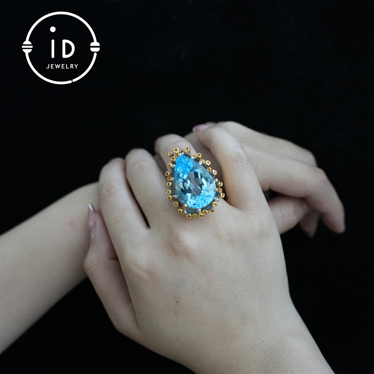 Handmade blue topaz ring| unique teardrop gemstone| vintage silver ring with gold accents| boho jewelry| statement gemstone ring