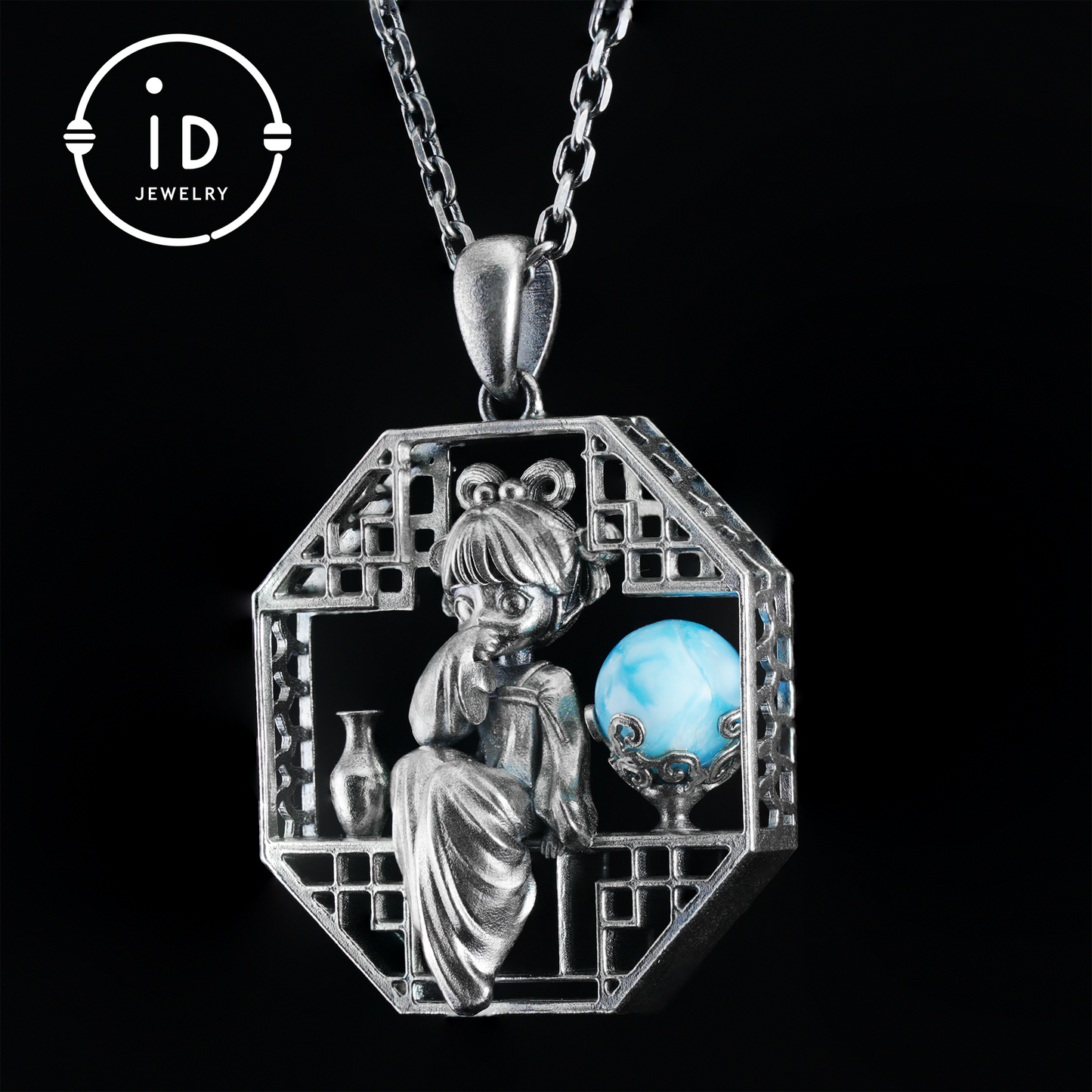 Handcrafted Octagonal Cut-out Pendant | Natural Larimar Orb Accent | Retro-Inspired Geometric Statement Gift for Creative Souls