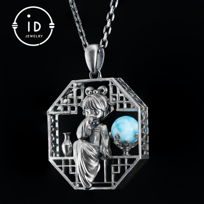 Handcrafted Octagonal Cut-out Pendant | Natural Larimar Orb Accent | Retro-Inspired Geometric Statement Gift for Creative Souls