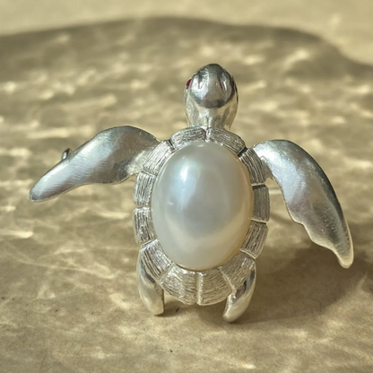 925 Silver Turtle Brooch Pendant | Pearl & Ruby Handmade Jewelry | Ocean Totem Gift for Creators & Dreamers