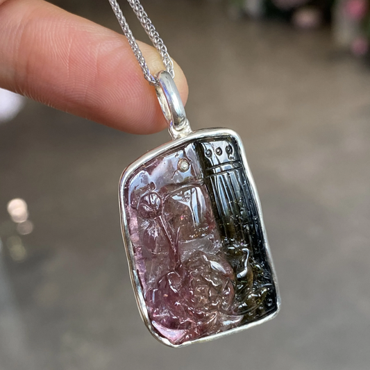 Natural Tourmaline Carved Pendant | 925 Silver Necklace | Handmade Gemstone Jewelry Gift for Her