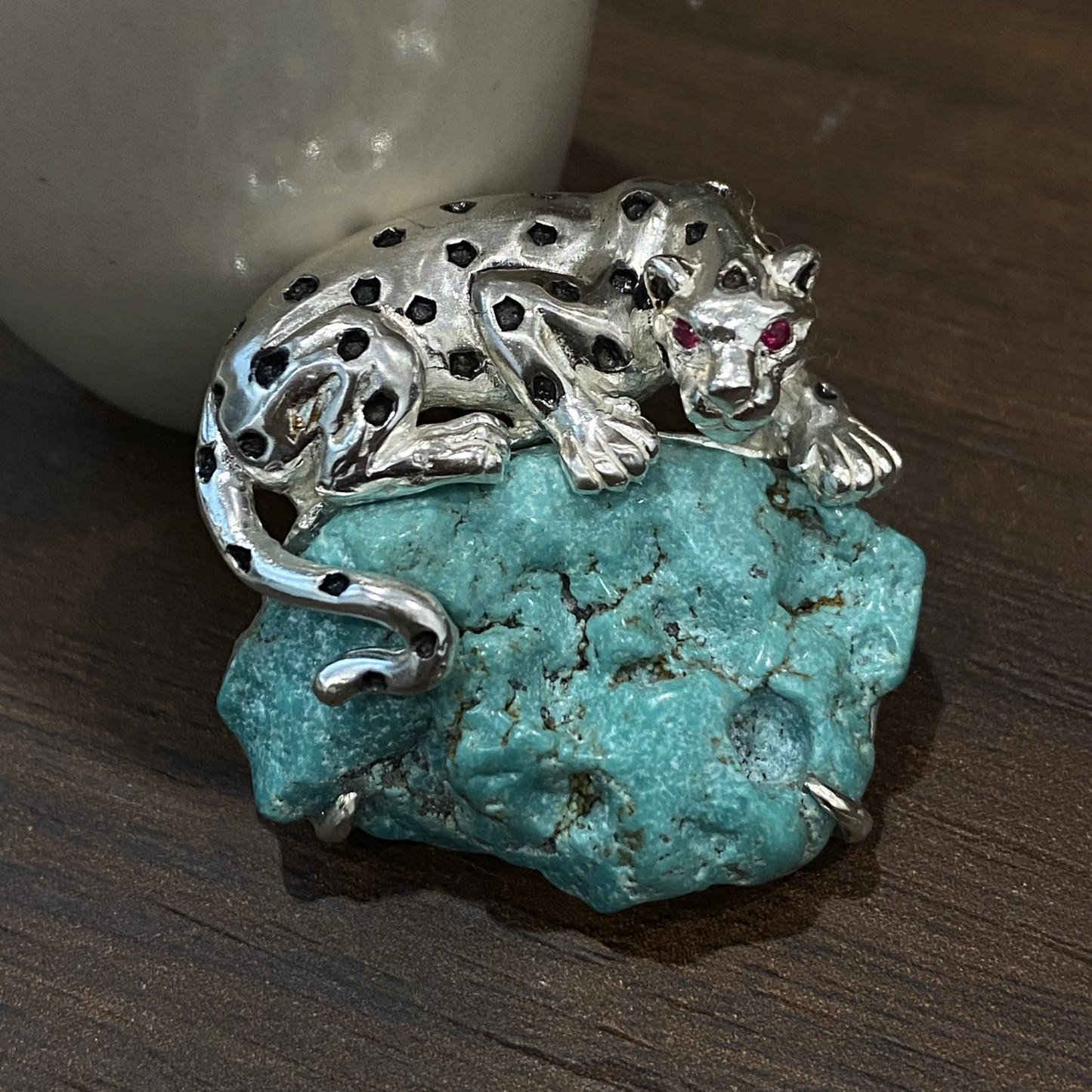 925 Silver Leopard Brooch Pendant | Turquoise & Ruby Animal Jewelry | Handmade Totem Gift for Strength & Courage