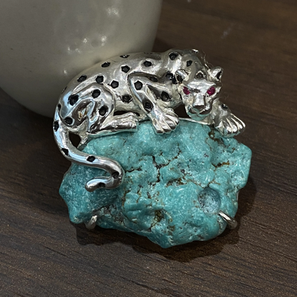 925 Silver Leopard Brooch Pendant | Turquoise & Ruby Animal Jewelry | Handmade Totem Gift for Strength & Courage