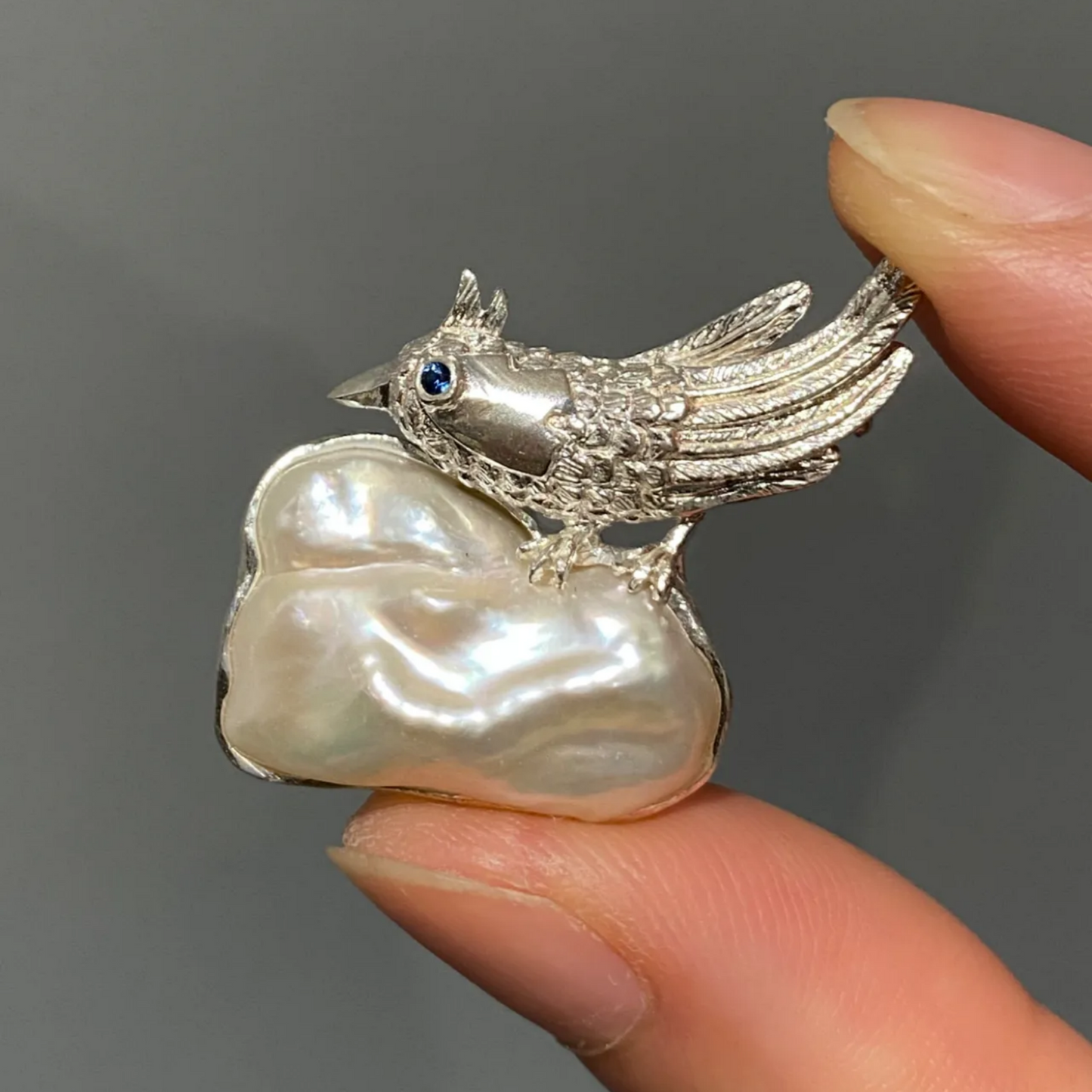 925 Silver Bird Brooch Pendant | Baroque Pearl & Sapphire Jewelry | Handmade Gift for Women