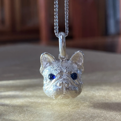 French Bulldog Pendant | 925 Silver Necklace with Sapphire Eyes | Dog Lover Gift & Pet Memorial Jewelry