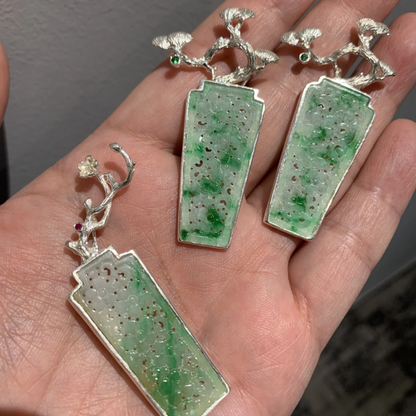 925 Silver Jade Pine Brooch Pendant | Peace & Longevity Amulet | Oriental Nature Jewelry | Gift for Parents or Elders