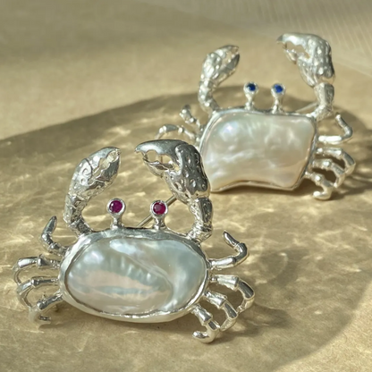 925 Silver Crab Brooch Pendant | Baroque Pearl & Sapphire Jewelry | Ocean Amulet Gift for Women